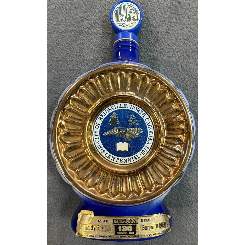Jim Beam Reidsville NC Centennial Decanter 1873-1973 Blue Gold Vintage Ceramic